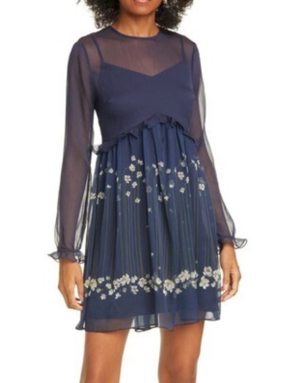 TED BAKER ZEMI Pearl Print Long Sleeves Blue Dress Floral Ruffle Size (3)M